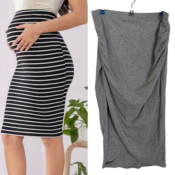 Set of 2 Shein Gray and Black/White Striped Maternity Midi Skirts Women’s Small - Picture 1 of 11